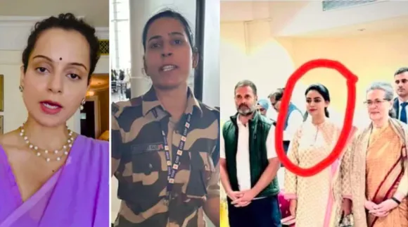 Fact Check on woman CISF constable Kulwinder Kaur who slapped Kangana Ranaut posing with  Sonia Priyanka Rahul Gandhi in tamil 