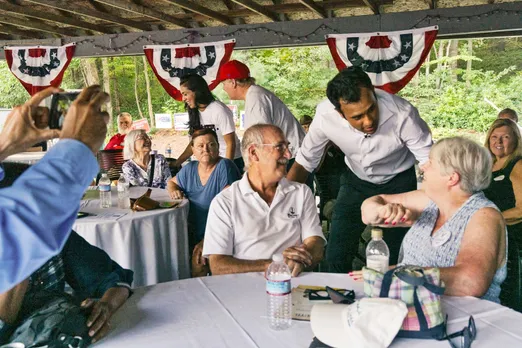 Republican presidential candidate Vivek Ramaswamy greeting potential voters at the Salem G.O.P. Labor Day Picnic in Salem, N.H., on Sept. 4, 2023. Ramaswamy, a first-time political candidate and conservative author, has tried to separate his politics from his appreciation for his heritage. 