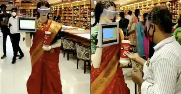 The new normal: Saree clad robot offers sanitizers to customers in Tamil Nadu store