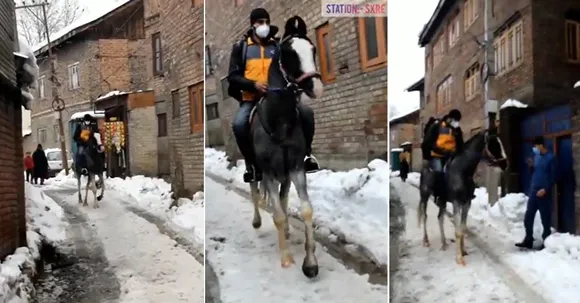 Amidst snowfall in Srinagar, the delivery boy reaches on horseback to deliver products!