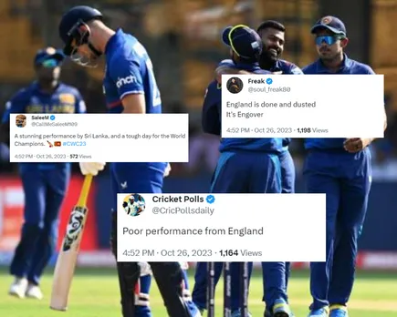 'Chalo agli baar ana'- Fans react as England get tumbled out for 156 runs against Sri Lanka in ODI World Cup 2023