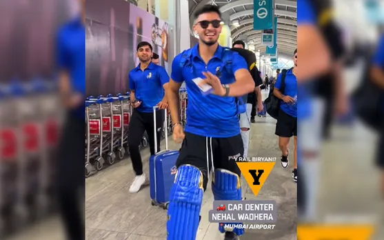 Watch: Nehal Wadhera wears pads to airport as punishment by MI for being late to the batters' meeting