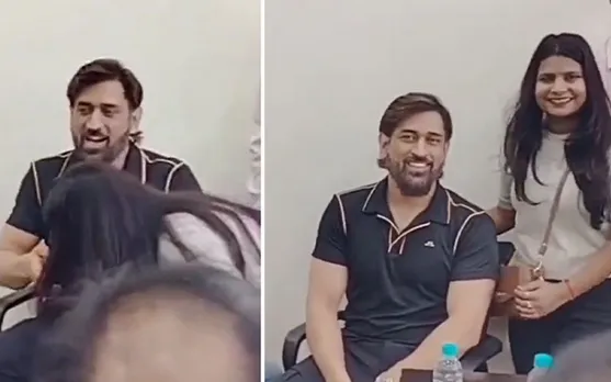 WATCH: Fan tries to touch MS Dhoni's feet as she poses for picture with him