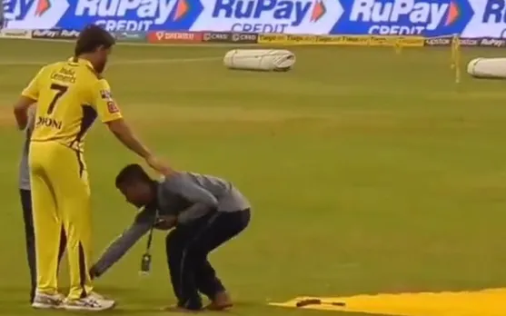 'Respect his achievement but not like this' - Fans react as ground staff touches MS Dhoni's feet after MI vs CSK match in IPL 2023