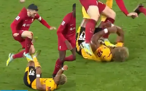 Watch: Andy Robertson stamps square on Adama Traore’s face during Liverpool vs Wolves clash in FA Cup