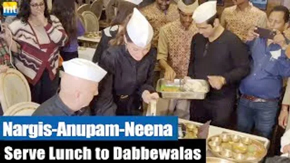 Nargis Fakhri, Anupam Kher & Neena Gupta serve Lunch to Mumbai's Dabbewalas During Shiv Shastri Balboa Promotion