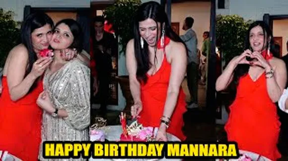 Mannara Chopra Looks Beautiful In Fiery Red Hot Dress At Her Birthday Bash