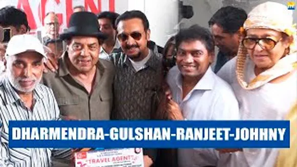 Dharmendra Finally Comes Out Of The House To Greet old villains Ranjeet & Gulshan Grover & Johnny Lever At An Movie Event