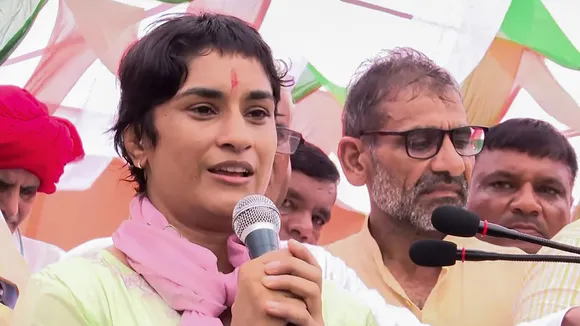 Congress candidate from Julana seat Vinesh Phogat speaks during a programme, ahead of Haryana Assembly elections, at Bakta Khera village in Jind district, Sunday, Sept. 8, 2024.