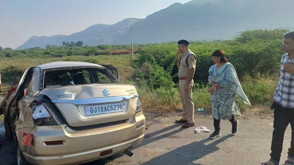 A car overturned following a tyre burst on a highway in Sirohi district on  Thursday 