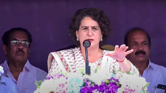 Congress candidate Priyanka Gandhi Vadra addresses a meeting ahead of the Wayanad seat bypoll, in Kenichira, Sultan Bathery, Wayanad, Monday, Nov. 4, 2024.