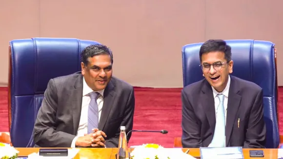 Outgoing Chief Justice of India (CJI) D.Y. Chandrachud with CJI-designate Justice Sanjiv Khanna during a farewell function, in New Delhi