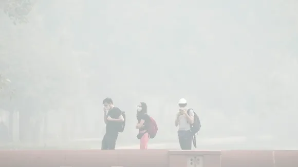 Visitors stroll through the lawns of the Kartavya Path during smog, in New Delhi, Sunday, Nov. 17, 2024.