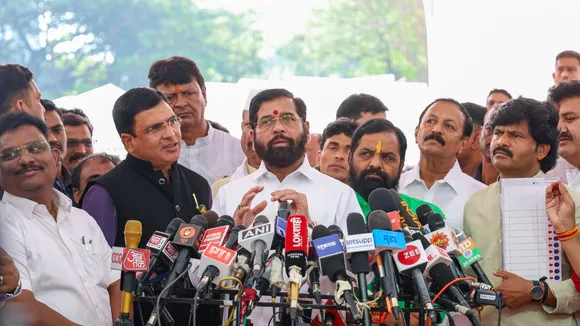 Maharashtra DCM Eknath Shinde addresses the media during second day of the special Assembly session, in Mumbai, Sunday, Dec. 8, 2024.