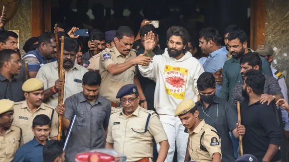 Telugu actor Allu Arjun leaves from Gandhi Hospital after a medical check-up following his arrest, in Hyderabad, Friday, Dec. 13, 2024.