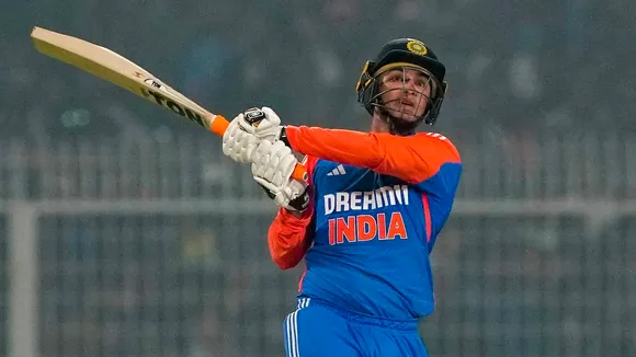 Abhishek Sharma plays a shot during the first T20I cricket match of a series between India and England at the Eden Gardens in Kolkata on Wednesday, Jan. 22, 2025.