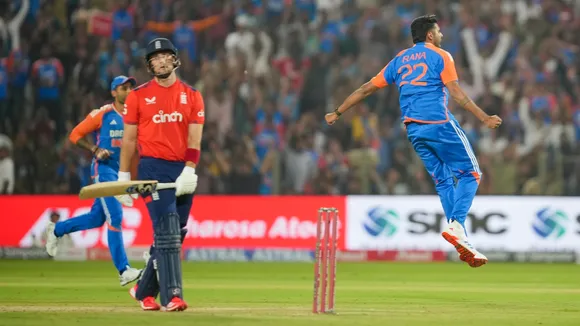 Harshit Rana celebrates the wicket of England batter Liam Livingstone during the fourth T20 cricket match between India and England, at Maharashtra Cricket Association Stadium in Pune on Friday, Jan. 31, 2025. 