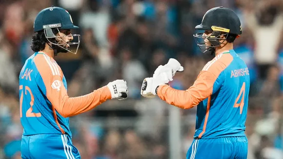 Abhishek Sharma celebrates his fifty runs with teammate Tilak Varma during the fifth Twenty-20 cricket match between India and England at the Wankhede Stadium in Mumbai on Sunday, Feb. 2, 2025.