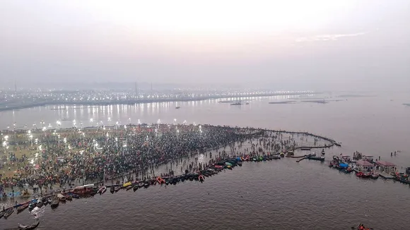 In this image via @myogiadityanath on X on Feb. 3, 2025, devotees take a holy dip at the Sangam on the occasion of Basant Panchami during the ongoing Maha Kumbh Mela, in Prayagraj, Uttar Pradesh.
