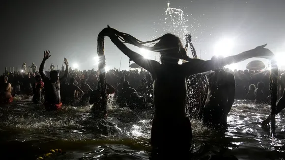 Saints and seers and seersfrom Akharas taking holy dip in Triveni Sangam on the occasion of Basant Panchami during the Maha Kumbh Mela in Prayagraj on Monday, Feb. 3, 2025.