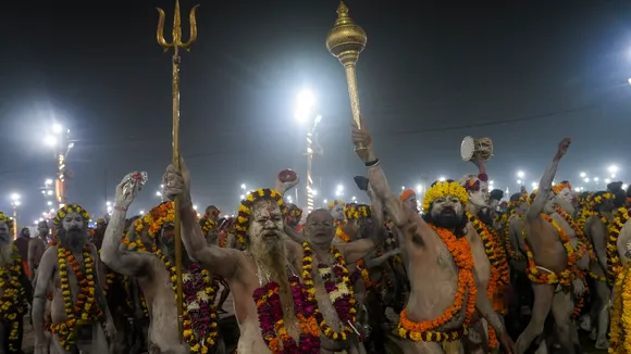 'Naga Sadhus' arrive to take a holy dip at the Sangam on the occasion of Basant Panchami during the ongoing Maha Kumbh Mela in Prayagraj on Monday, Feb. 3, 2025.