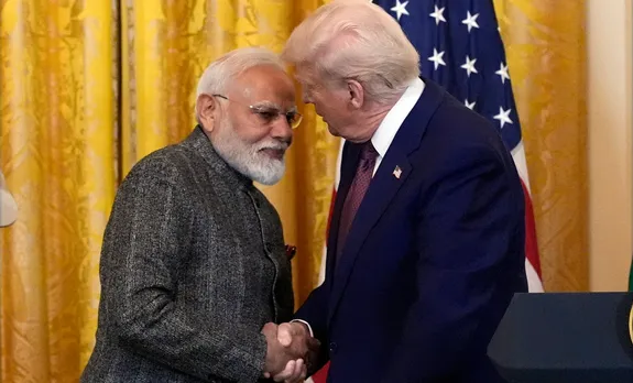 US President Donald Trump and Prime Minister Narendra Modi shake hands during a news conference in the East Room of the White House on Thursday, Feb. 13, 2025, in Washington. 
