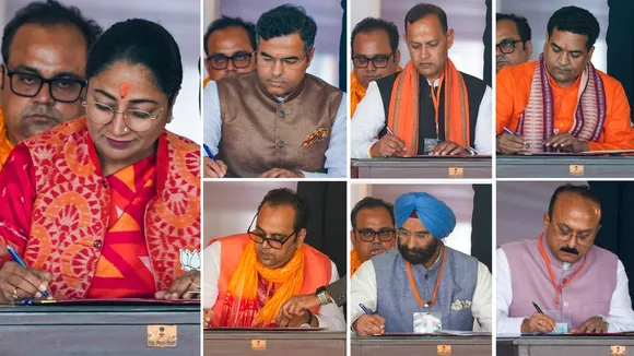 Delhi Chief Minister Rekha Gupta and her Cabinet Ministers, clockwise from top left, Parvesh Verma, Ravinder Indraj, Kapil Mishra, Ashish Sood, Manjinder Singh Sirsa, and Pankaj Kumar Singh