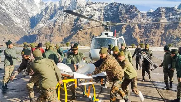 Injured people being evacuated to Joshimath for critical medicare via helicopters form the avalanche site, in Mana of Chamoli district, Uttarakhand, Saturday, March 1, 2025.