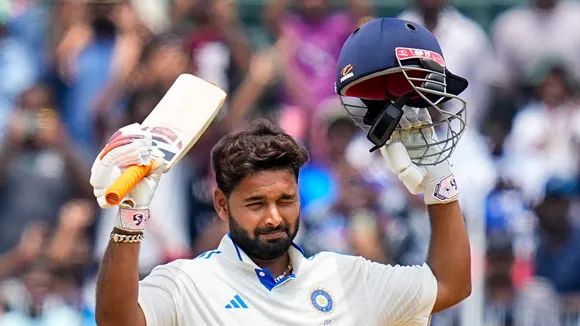 Rishabh Pant celebrates his century on the third day of the first test cricket match between India and Bangladesh, at the MA Chidambaram Stadium, in Chennai, Saturday, Sept. 21, 2024.