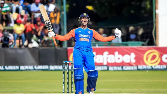 Abhishek Sharma celebrates his century during the second T20I match against Zimbabwe, at Harare Sports Club in Harare on July 7, 2024