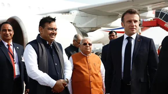 French President Emmanuel Macron arrives in Jaipur