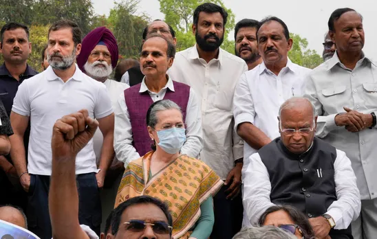 Opposition hold dharna near Gandhi statue in Parliament house complex