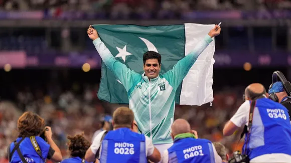 Gold medalist Pakistan's Arshad Nadeem celebrates after the men's javelin throw final at the 2024 Summer Olympics, in Paris, France, Thursday, Aug. 8, 2024.