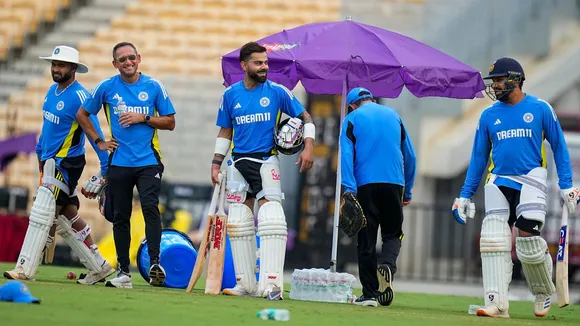 Indian captain Rohit Sharma with coach Gautam Gambhir, BCCI Chief Selector Ajit Agarkar and teammates Virat Kohli and Rishabh Pant during a practice session ahead of the first test cricket match between India and Bangladesh, at M. A. Chidambaram Stadium, in Chennai, Tuesday, Sept. 17, 2024.