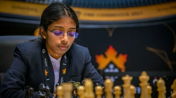 Grandmaster R. Vaishali of India during her Round 4 match against Grandmaster Aleksandra Goryachkina of Russia at the FIDE Women's Candidates 2024 chess tournament, in Toronto, Canada, Sunday, April 7, 2024