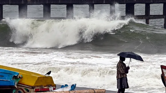 Waves crash against the Valiyathura coast as a rough sea alert issued by the Indian National Centre for Ocean Information Services (INCOIS) prevented fishermen from venturing into the sea, in Thiruvananthapuram, Tuesday, May 21, 2024.