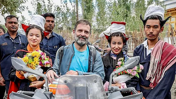 Congress leader Rahul Gandhi with a group of supporters in Leh, Ladakh
