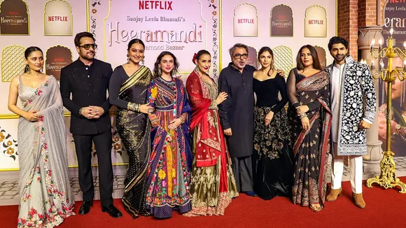 Bollywood director Sanjay Leela Bhansali with actors Sharmin Segal, Taaha Shah, Manisha Koirala, Sonakshi Sinha, Sanjeeda Sheikh, Fardeen Khan, Richa Chadha and Aditi Rao Hydari at the premiere of Netflix series Heeramandi: The Diamond Bazaar