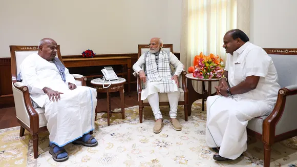 H D Deve Gowda and H D Kumaraswamy meet PM Modi in Delhi