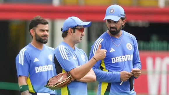 India's head coach Gautam Gambhir and player KL Rahul attend a practice session on the eve of the first one-day international (ODI) cricket match between India and Sri Lanka