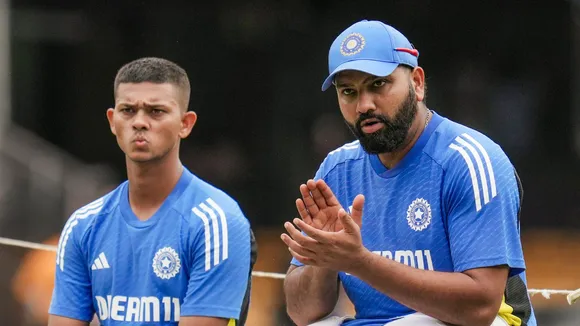 Indian Captain Rohit Sharma and yashasvi Jaiswal during a training session ahead of the first cricket test match between India and New Zealand at M. Chinnaswamy Stadium in Bengaluru, Karnataka, Monday, Oct. 14, 2024.