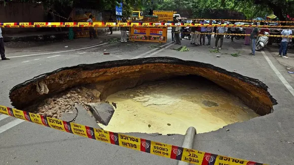 Massive road cave-in in Janakpuri leads to traffic jams, political jabs