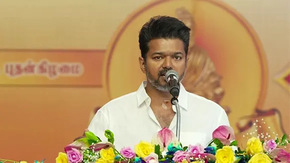 TVK chief and actor Vijay speaking at a party event