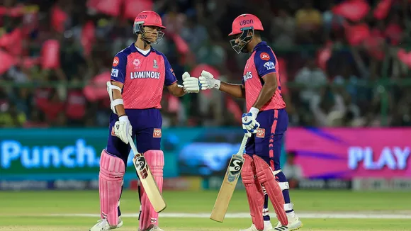Rajasthan Royals batters Yashasvi Jaiswal and Sanju Samson during the Indian Premier League (IPL) 2024 cricket match between Rajasthan Royals and Mumbai Indians, at Sawai Mansingh Stadium, in Jaipur, Monday, April 22, 2024.