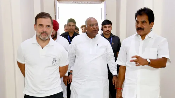 Congress President Mallikarjun Kharge with party leaders Rahul Gandhi and KC Venugopal, in New Delhi, Sunday, June 2, 2024