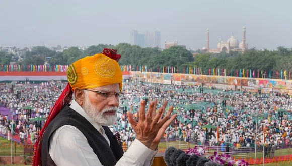 Prime Minister Narendra Modi addresses the nation from the Red Fort on the occasion of the 77th Independence Day, in New Delhi, Tuesday