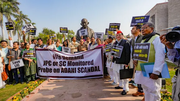 Opposition MPs protest in Parliament premises on Adani issue
