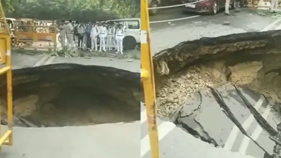 Large chunk of road caves in Janakpuri, causes traffic congestion