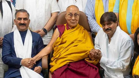 Himachal Pradesh Chief Minister Sukhvinder Singh Sukhu during his meeting with His Holiness the Dalai Lama at the latter's residence, in Dharamshala