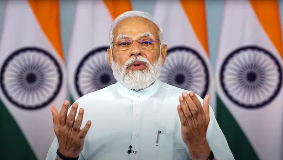 Prime Minister Narendra Modi addresses during the flag-off ceremony of the inaugural run of the Delhi-Dehradun Vande Bharat Express train